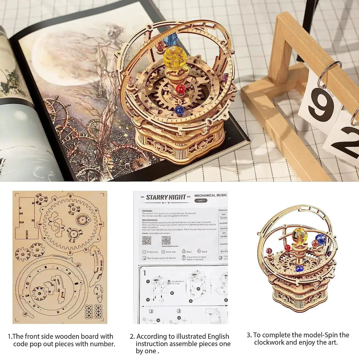 Robotime Music Box 3D Puzzle Wooden Model Kits Mechanical Building Construction Craft Kits Laser Cut Jigsaw Starry Night for Adults