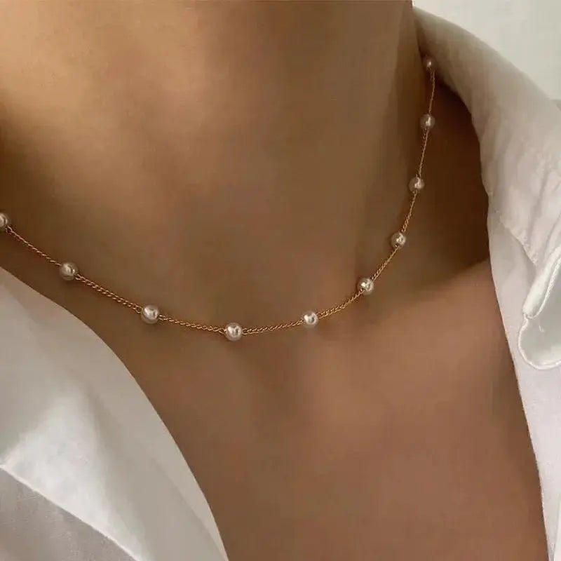 New Beads Kpop Pearl Choker Necklace Gold For Women