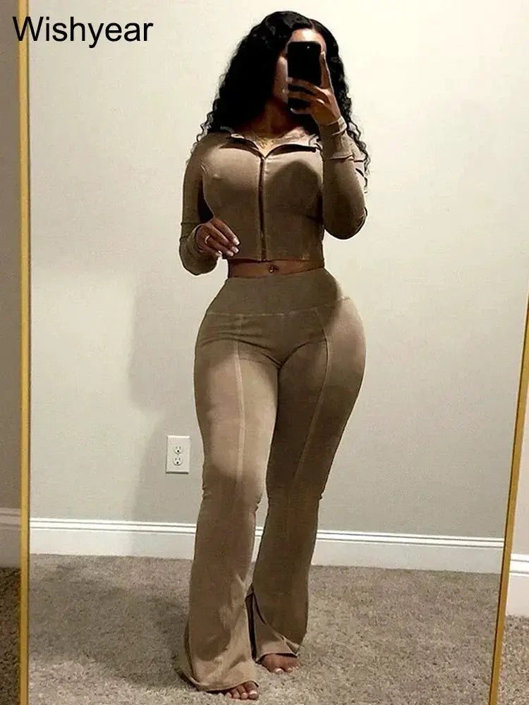 Retro Two Piece Pants Set For Women Sportswear Wash Outfit