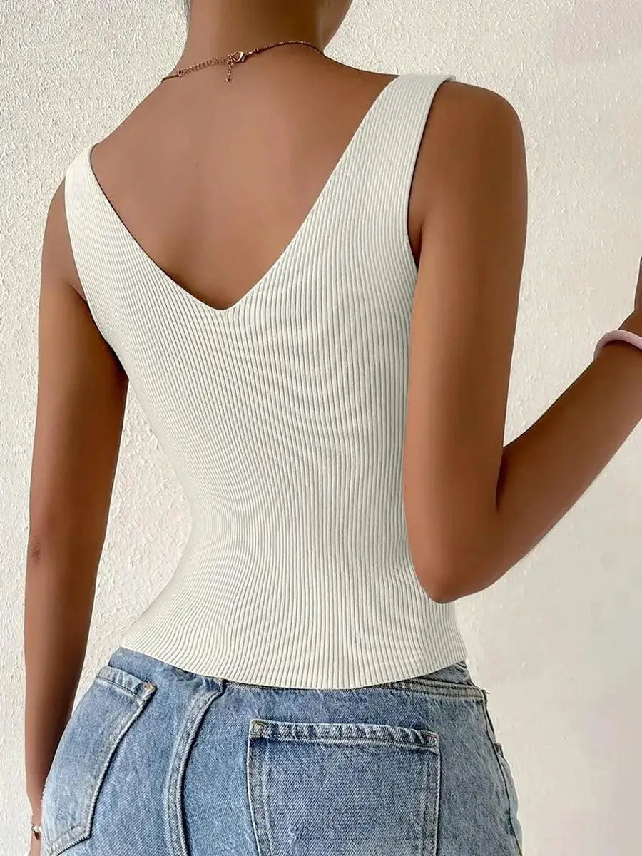 Ribbed Knit V Neck Crop Top Drawstring Tank Summer Style