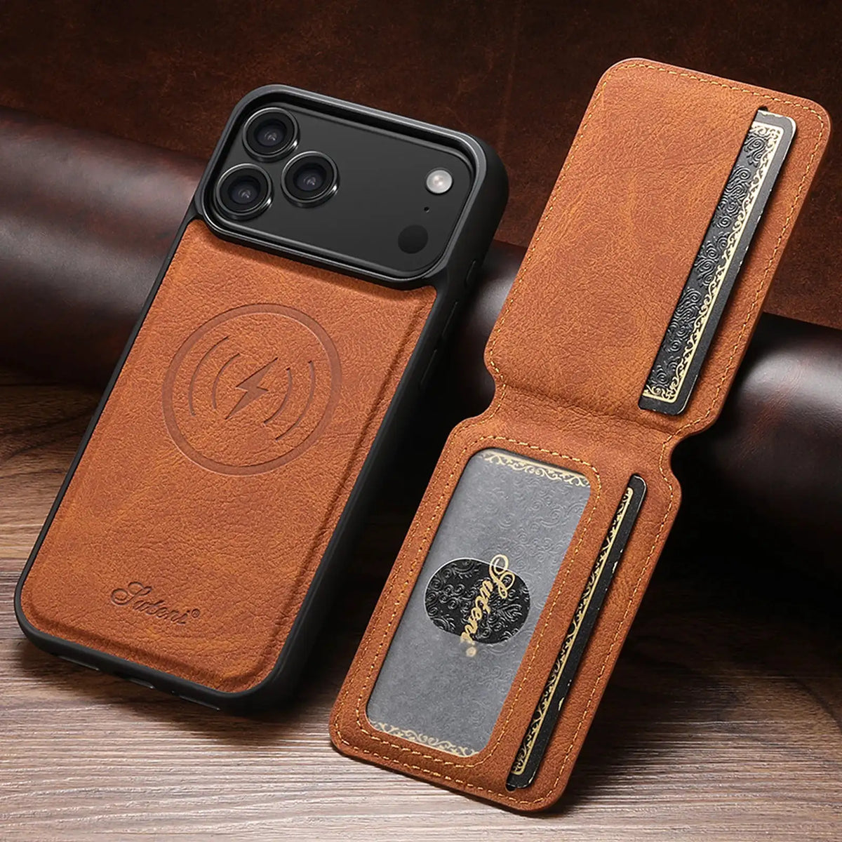 SUTENI Wireless Charging Phone Case Magnet Card Holder Stand Faux Leather For iPhone 18 Pro Max 17 Air 16 Plus 15 14 13 12