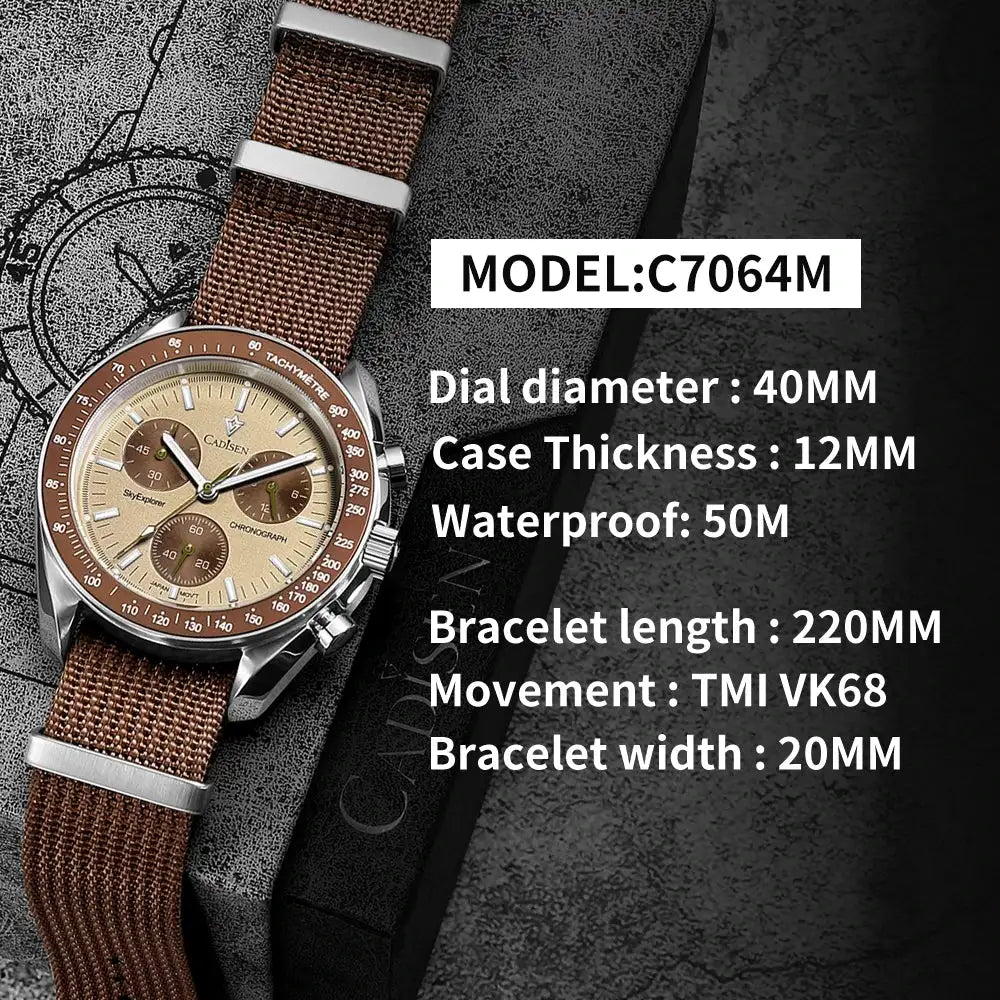 CADISEN American Warehouse Luxury Quartz Wrist Watch For Men Sapphire AR Coated Crystal Canvas VK68 Speed Chronograph Men's Watches