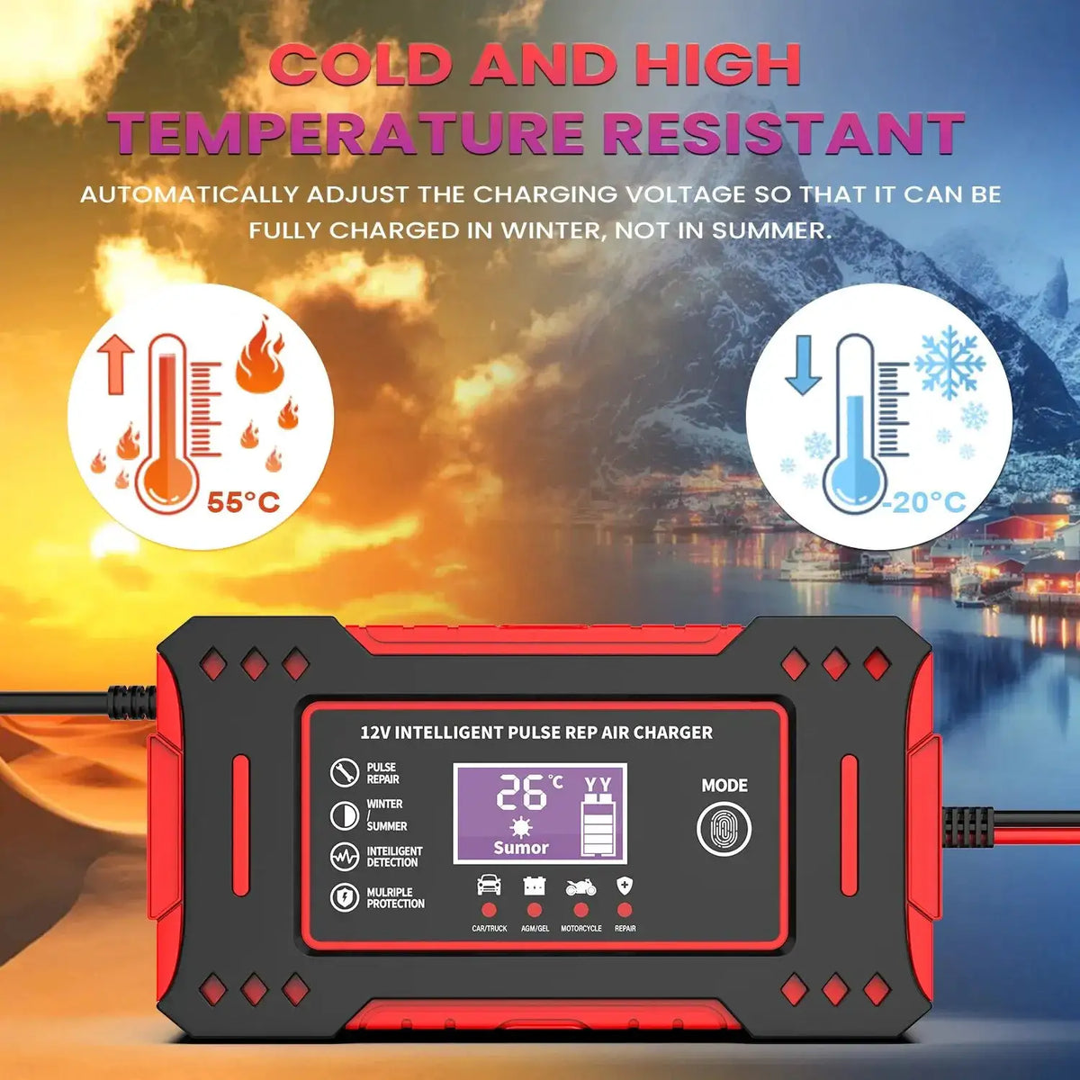 6A 12V Intelligent Car Battery Charger Car and Motorcycle Battery Charging Unit Lead-Acid Battery Repair LCD Display