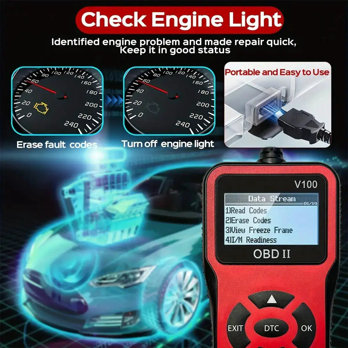 1pc V100 Professional OBD2 Scanner, Engine Fault Code Reader, Diagnostic Scan Tool for OBD II Protocol Cars Since 1996