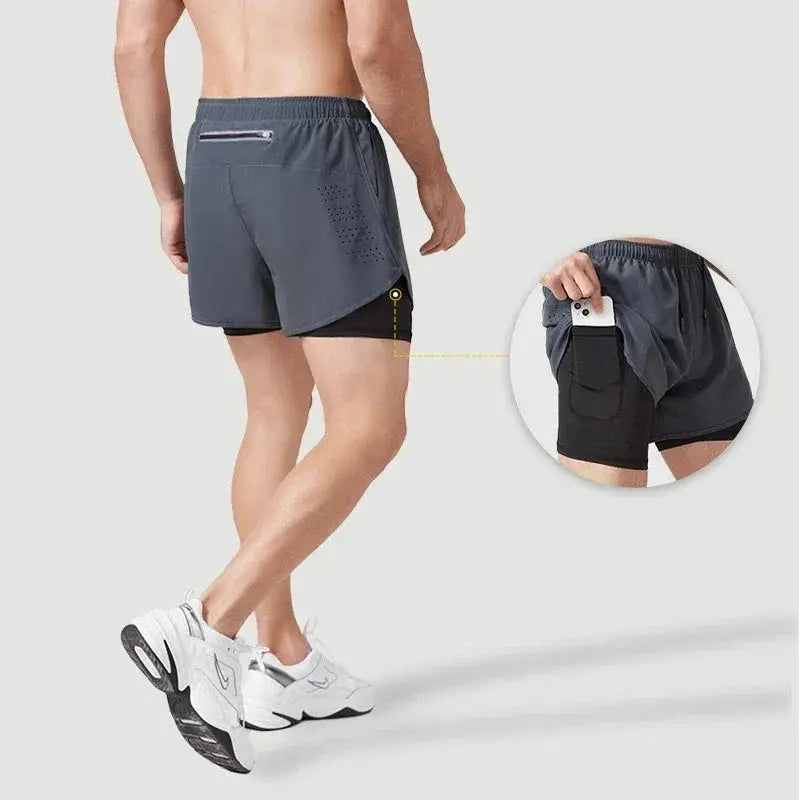 Men Quick Dry Double Layer Running Shorts Black Fitness