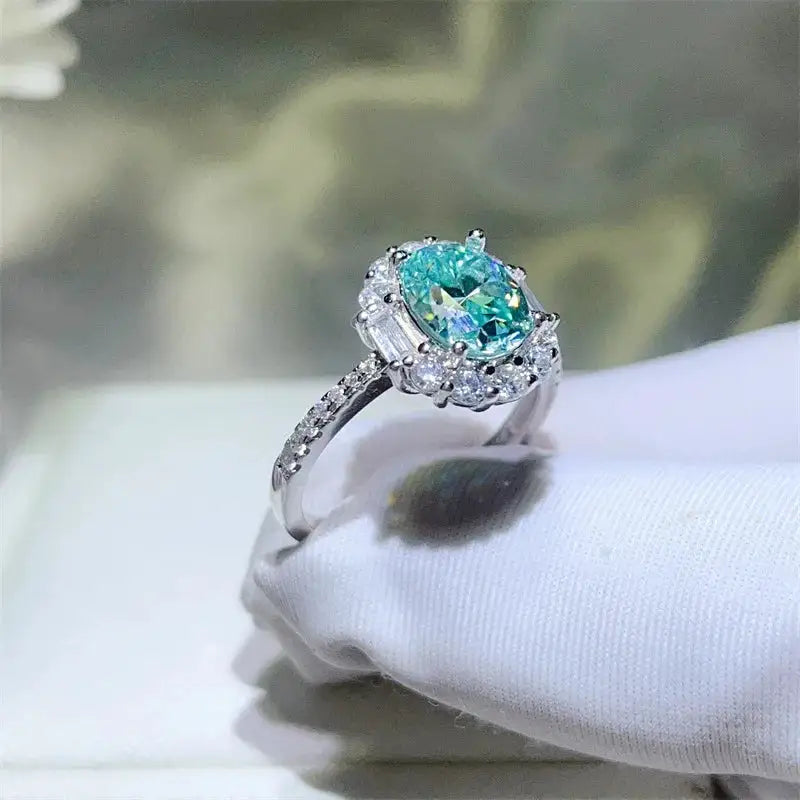 Oval Blue Green Moissanite Sterling Silver Ring — product image 3
