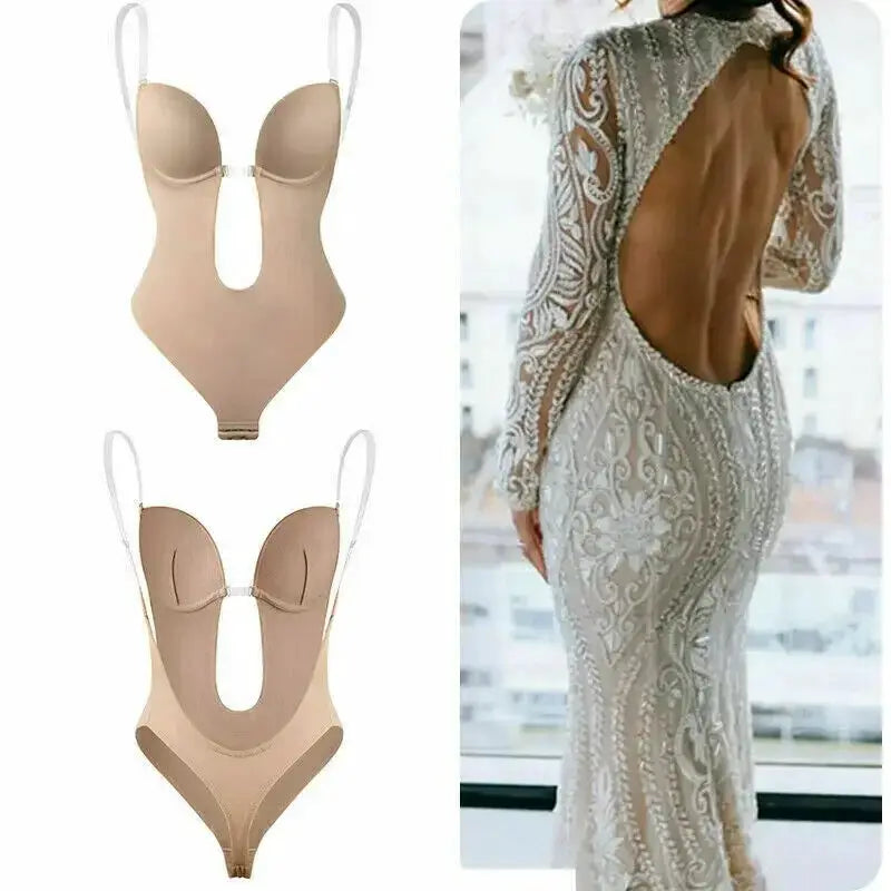 Sexy Women Deep U Plunge Seamless Push Up Bra Bodysuit