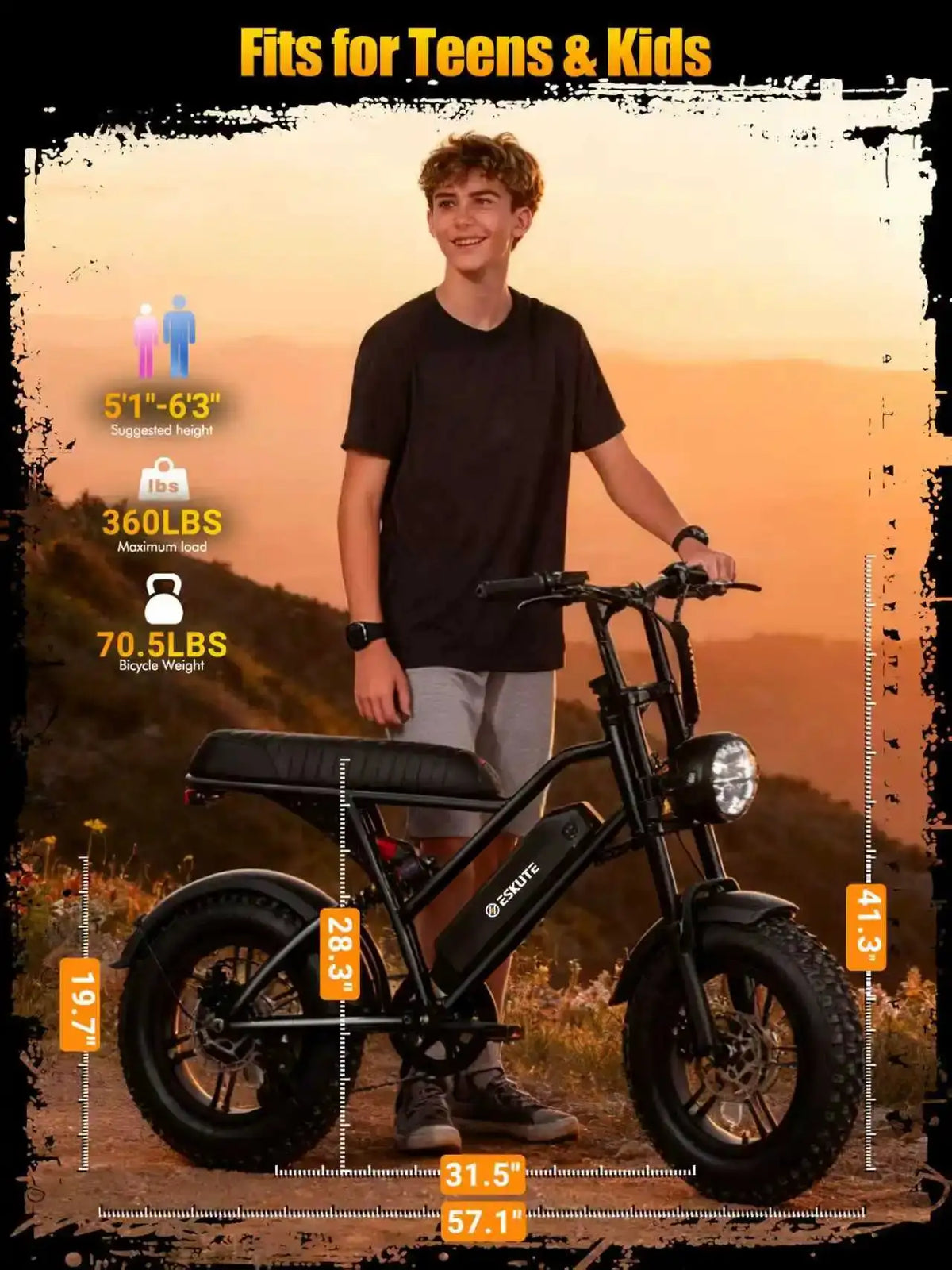 Eskute V100 Electric Dirt Bike, 1500W Peak 20MPH+ 48V13Ah Battery Motorcycle, All Terrain Dual Suspension E Bike , Ebike Up to 60 Miles Range, 16"x4" Fat Tire, 7-Speed，UL2849
