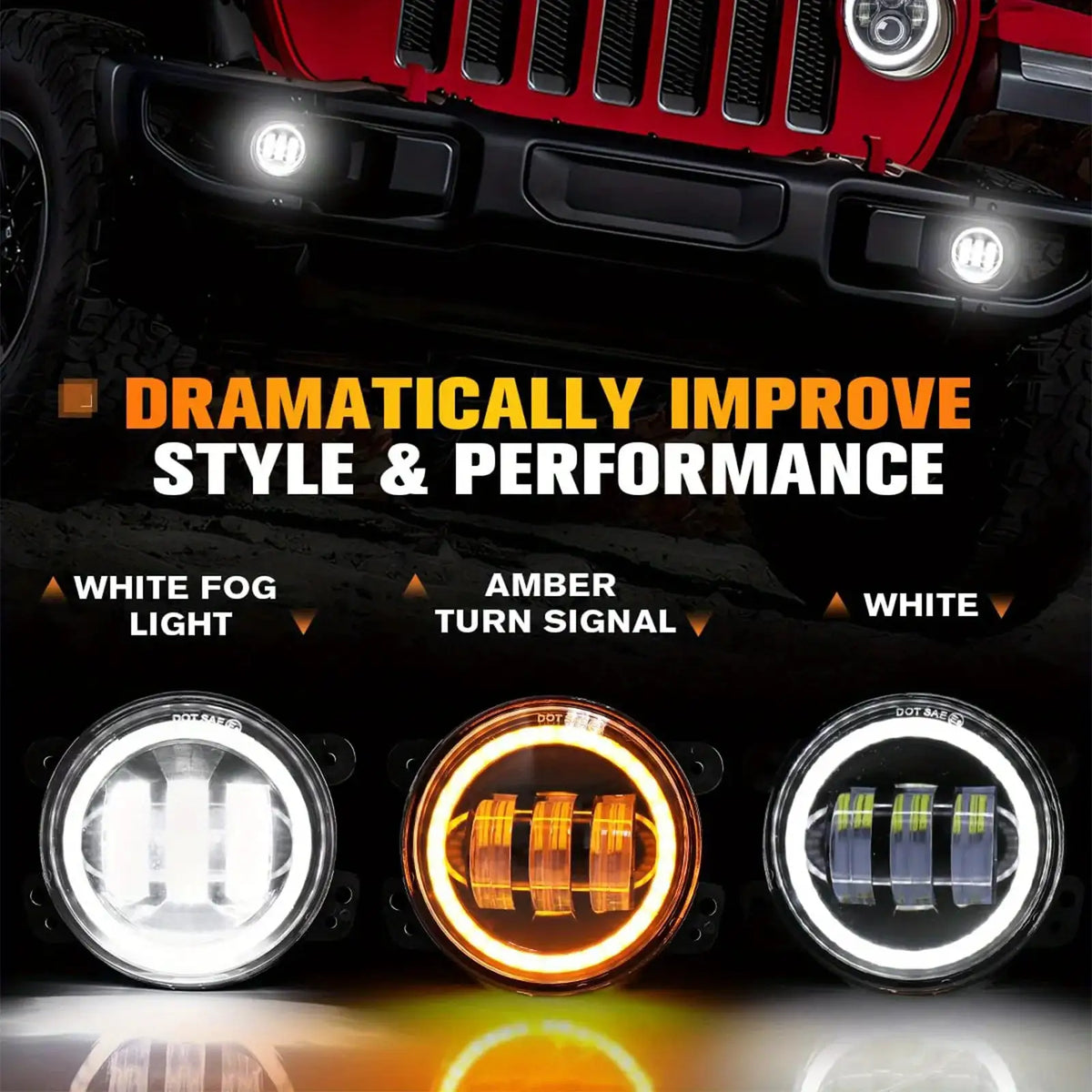 4 Inch LED Fog Lights White Angel Eyes Work Light for Jeep Wrangler JK Unlimited JKU 2007-2018 with White DRL Amber Turn Signal