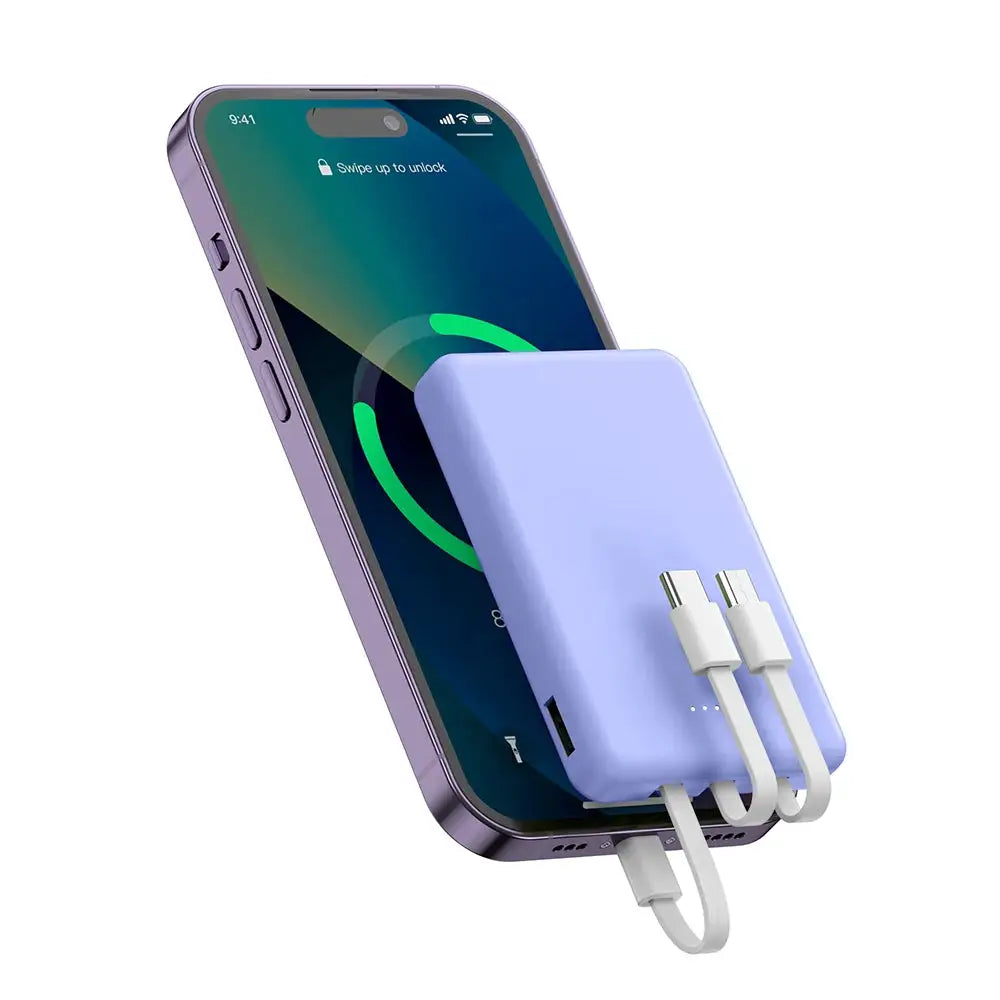 Mini 5000mAh Portable Power Bank With Built-in LED Digital Display, 1 USB-A Port and 3 Integrated Charging Cords, Ultra Compact External Battery Pack, Support Multiple Devices Simultaneous Charging Compatible With Android Sm