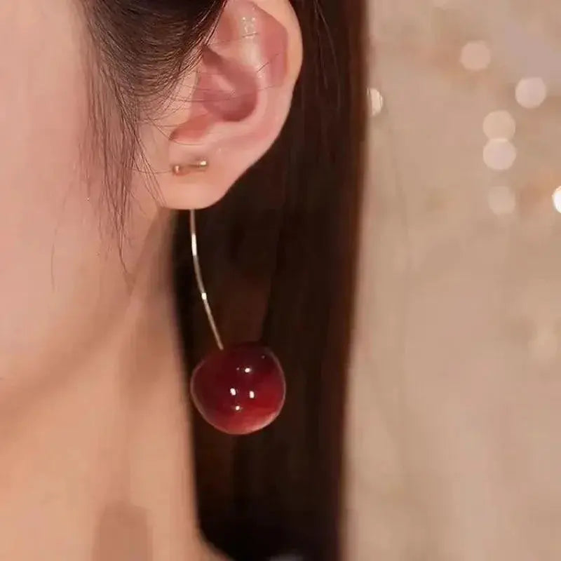 Sweet Cherry Charm Earrings Whimsical Korean Style