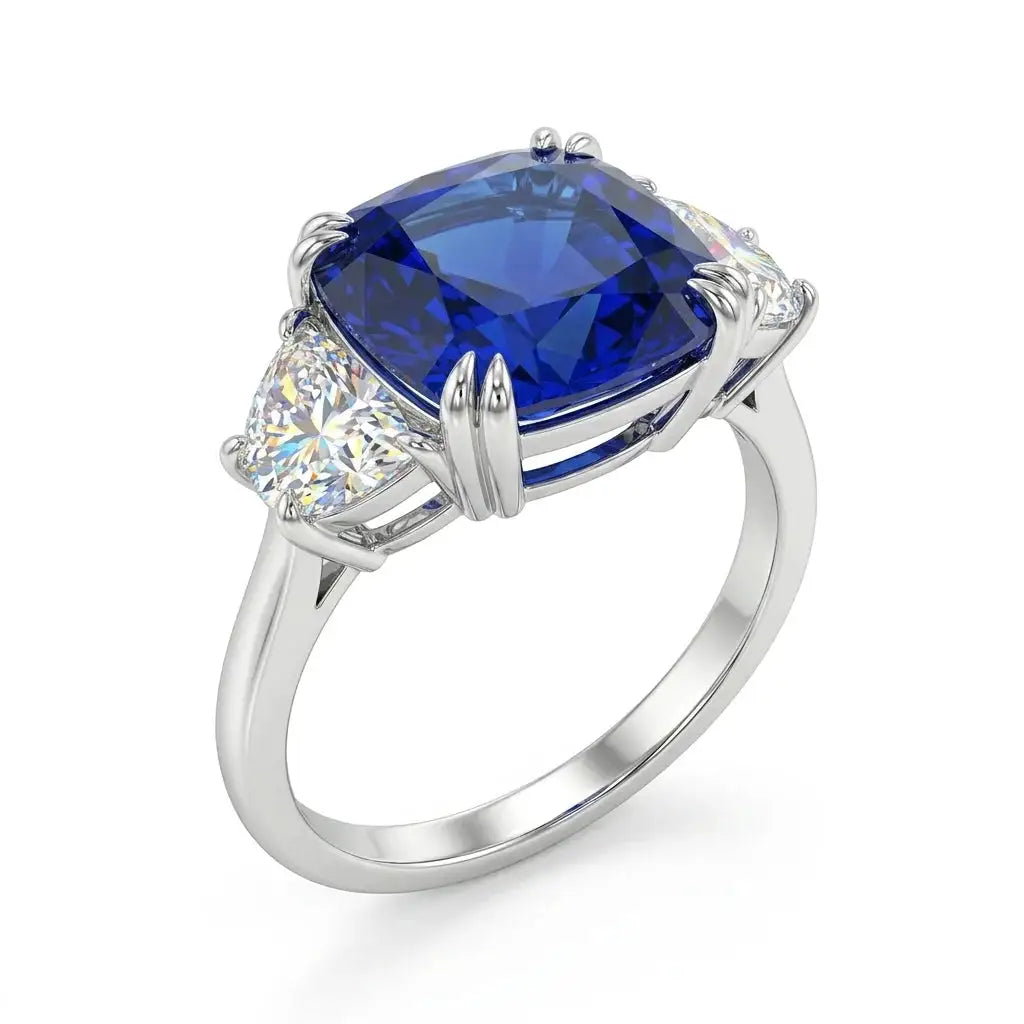 Royal Blue CZ Ring, Sterling , Three Stone Cushion Cut — product view 5