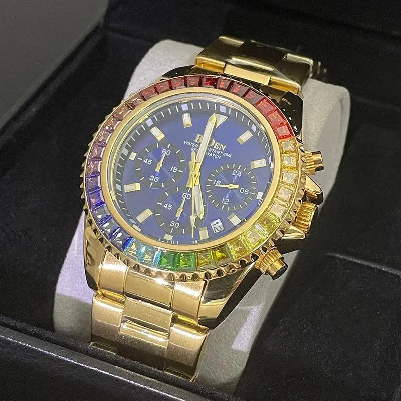Rainbow Diamond Gold Watch For Men Stylish Timepiece