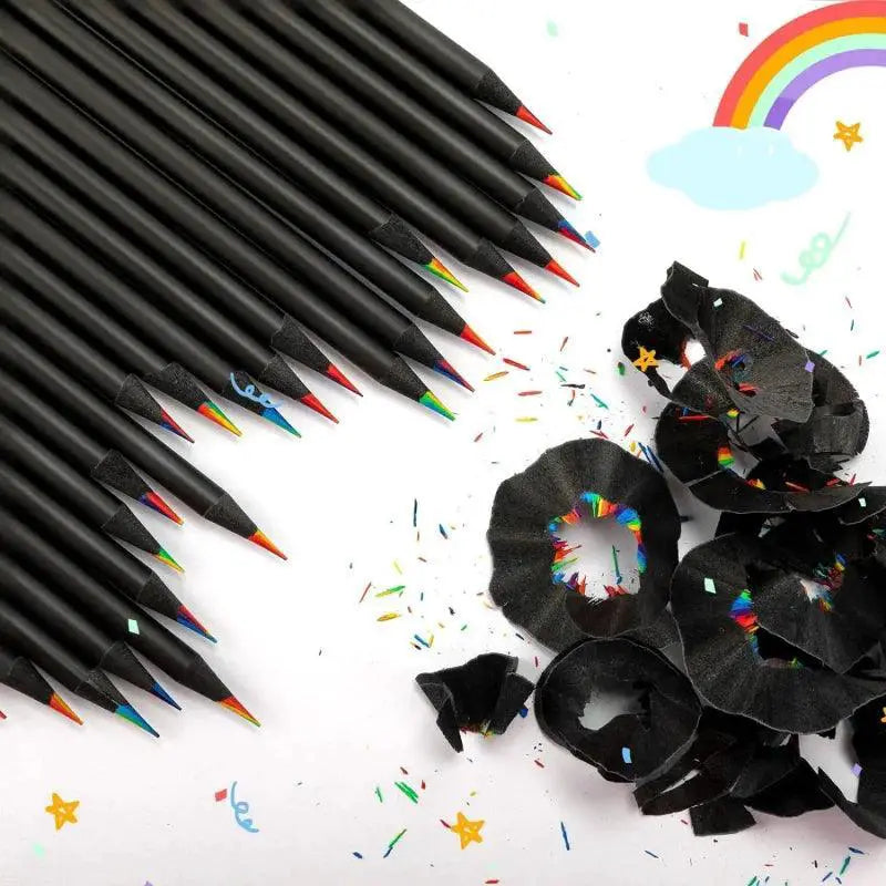 Black rainbow-core pencils with shavings and confetti on a white background, OurLum.com style.