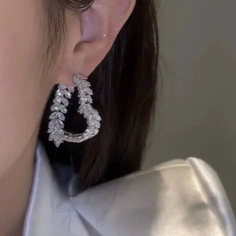 Luxurious Shiny Zircon Wheat Leaf Earrings Jewelry for Women
