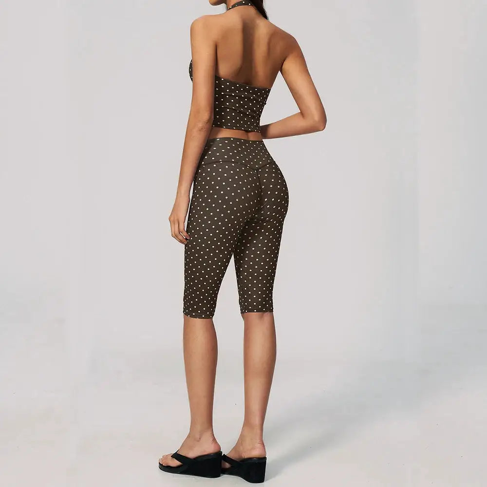 Yoga Capri Pants Set 2pcs Sport Set Women Polka Dot Athletic Wear Gym Push Up Yoga Pants Gym Suit Fitness Bra Workout Set Outfit