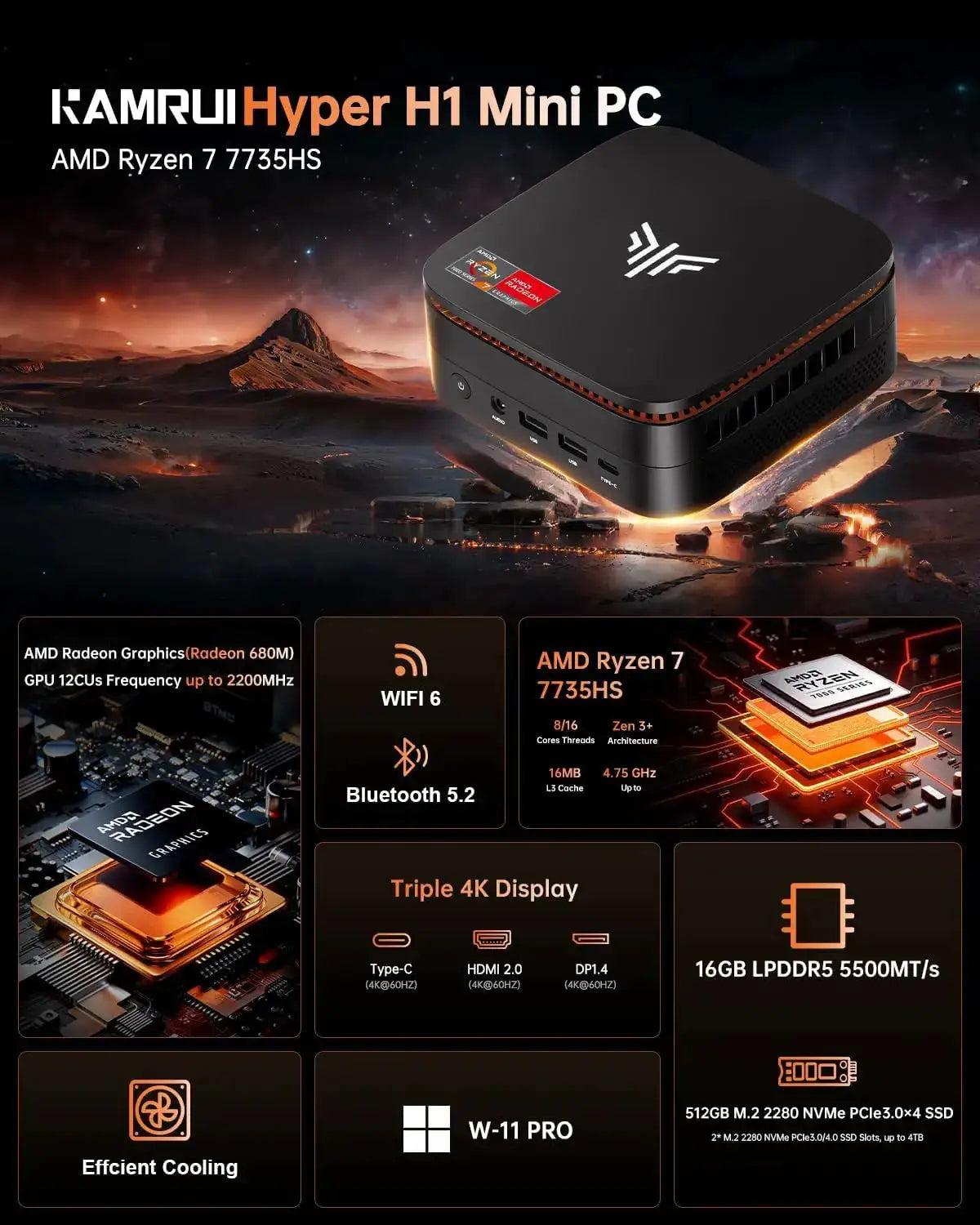 KAMRUI Mini PC Ryzen 7 7735hs 16GB LPDDR5 512GB M.2 NVMe PCIe3.0 SSD Max 4.75 GHz WIFI6 BT5.2 Win11pro Desktop Gaming Computer