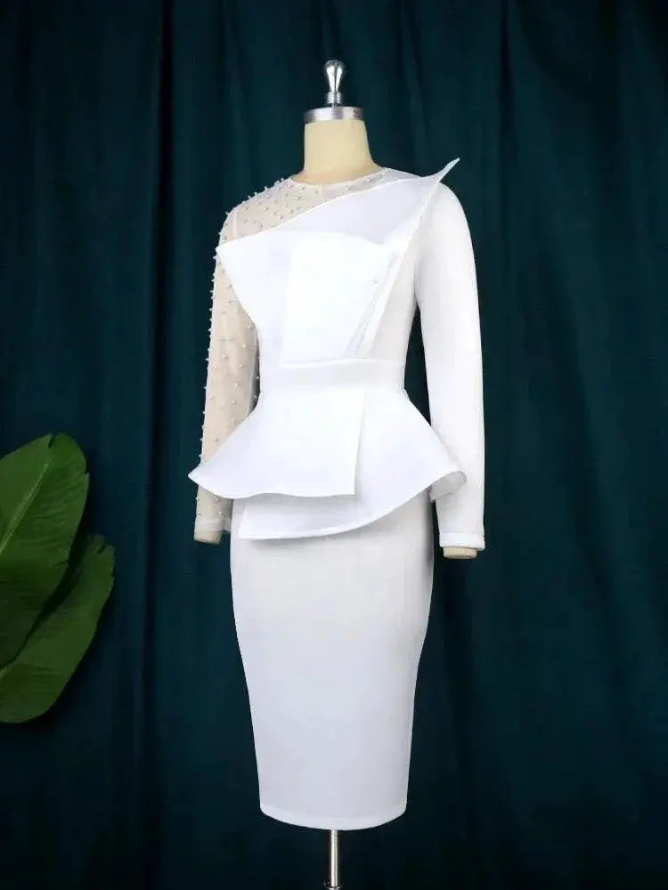 Elegant White Peplum Dress With Beaded Mesh For Events