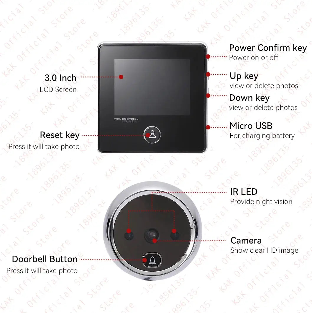 KAK 2.8" LCD Screen Electronic Door Viewer Bell IR Night Door Camera Photo Recording Digital Door Viewer Smart Peephole Doorbell