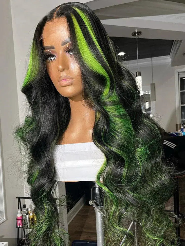38 Inch Ombre Green Lace Front Wig Body Wave Remy Human Hair