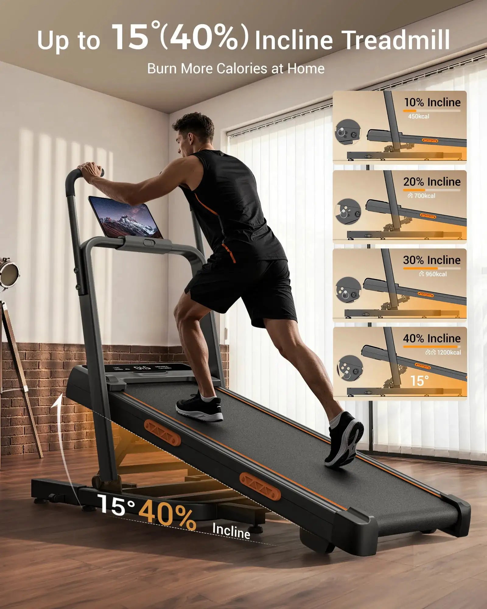 UMAY Folding Treadmill for Home 15% Incline Electric Running Machine 3.0HP Powerful Motor Adjustable Speed Walking Pad LED Display Shock Absorption Fitness Equipment