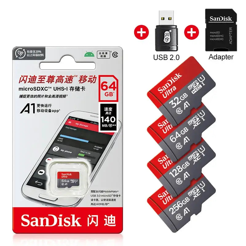 Original SanDisk Memory Card 256GB 128GB 64GB 32GB Micro SD Card Class 10 UHS-1 TF Flash Card for Smartphone PC + Card Reader