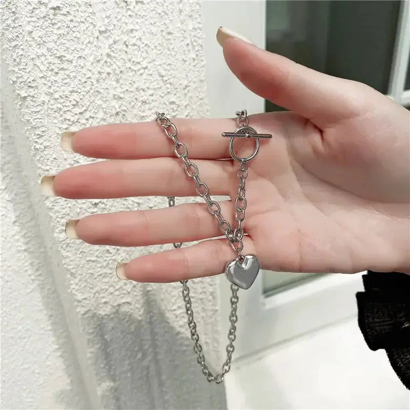 Punk Thick Lock Chain Heart Shape Pendant Choker Necklace