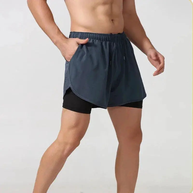 Men Quick Dry Double Layer Running Shorts Black Fitness
