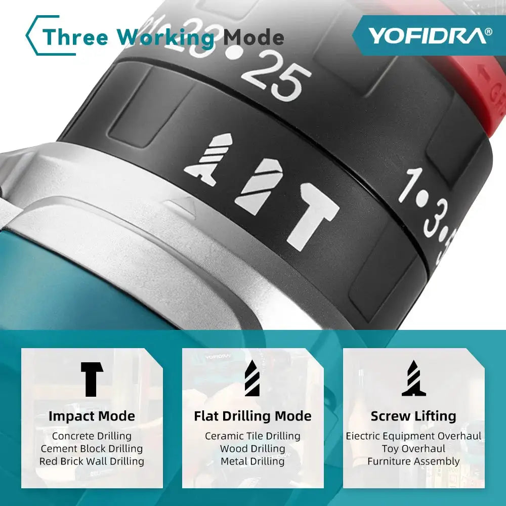 YOFIDRA 3 IN 1 25+3 Torque Electric Impact Drill Handheld Cordless Impact Drill Woodworking Power Tool For Makita Battery Pin