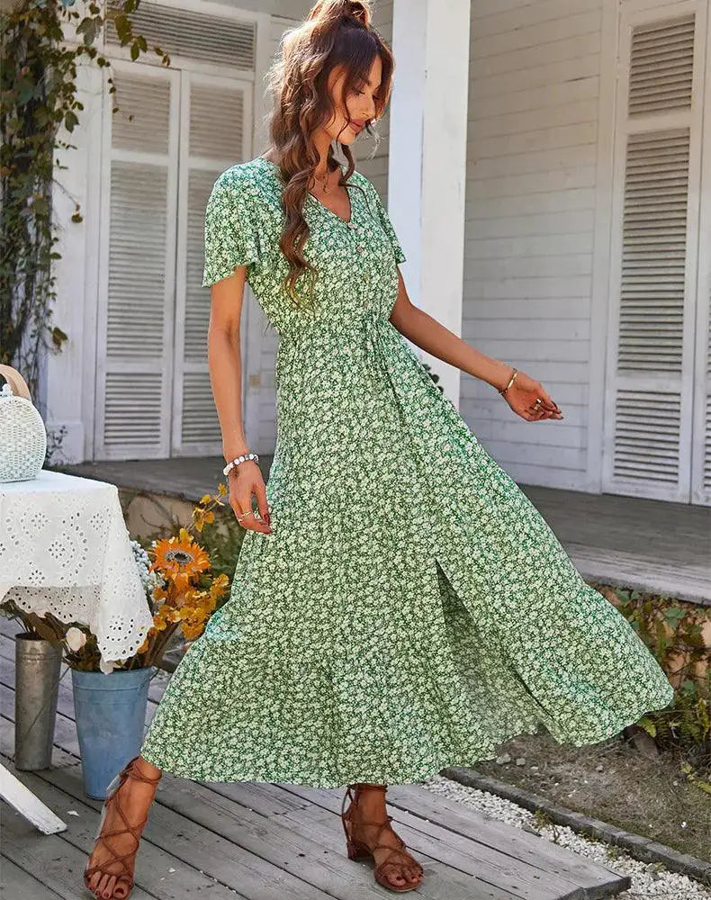 Vintage Floral Summer Dress With High Waist Slit Beachwear
