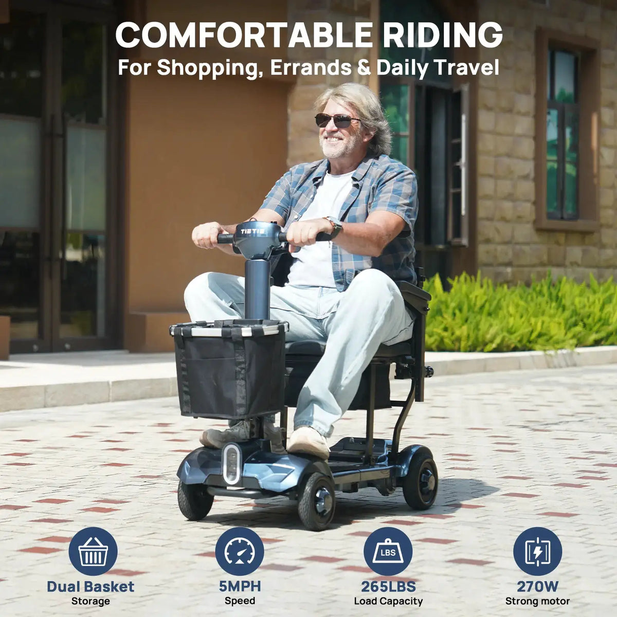 X17 4 Wheel Folding Electric Elderly Mobility Scooter 270W Motor 24V 10.4Ah Lithium Battery 10Miles Range 5MPH 12°Climbing Solid Tires Anti‑tip Wheels LED Light For Seniors Disabled Adults