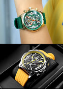 Chronograph Watch for Men Waterproof Yellow Silicone Strap Luminous Hands