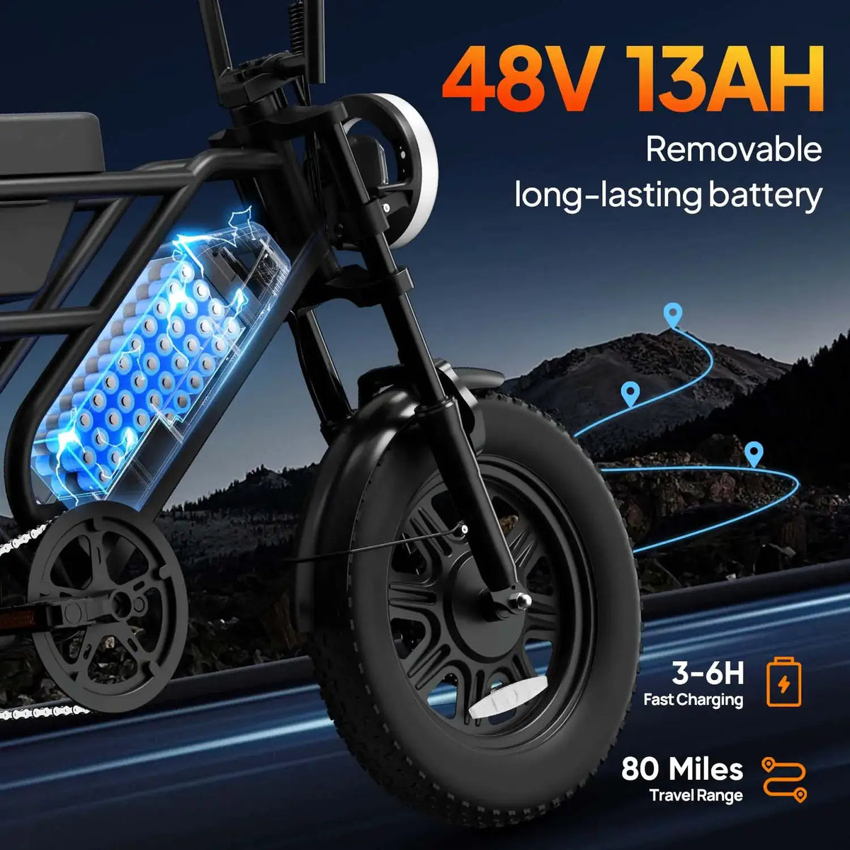 Urlife T16 16"x3" Fat Tire Electric Bike 750W Peak Motor 48V Removable Battery Dual Suspension 7-Speed Gears E-Bike Adult Commuter Off Road