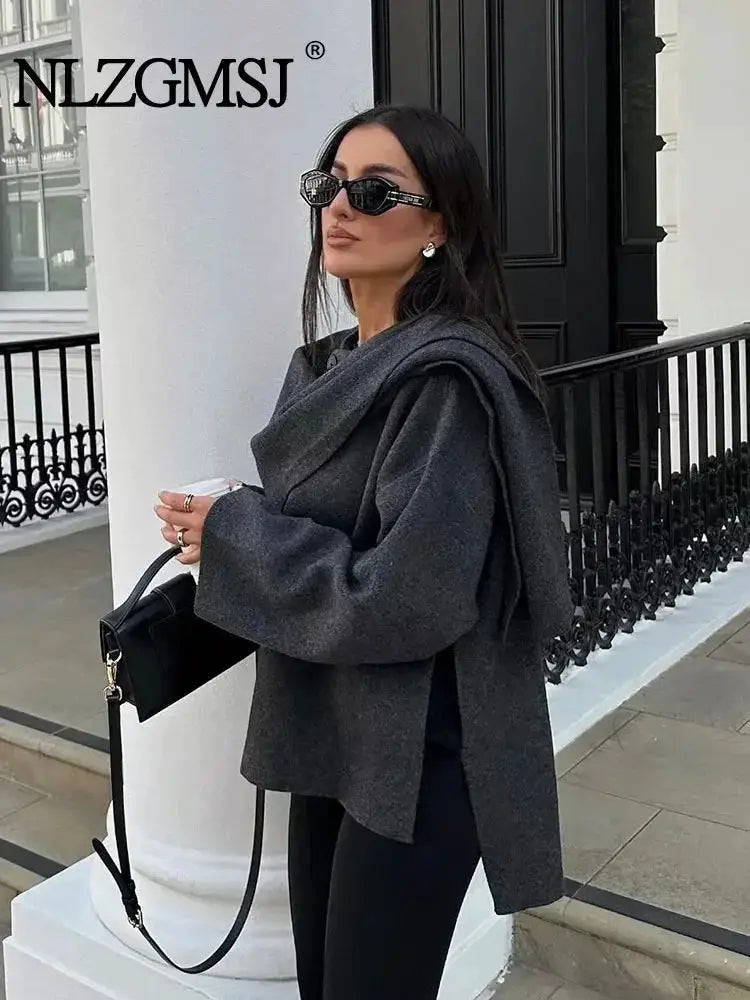 TRAF 2023 Winter Women Scarf Coat Long Sleeve Jacket