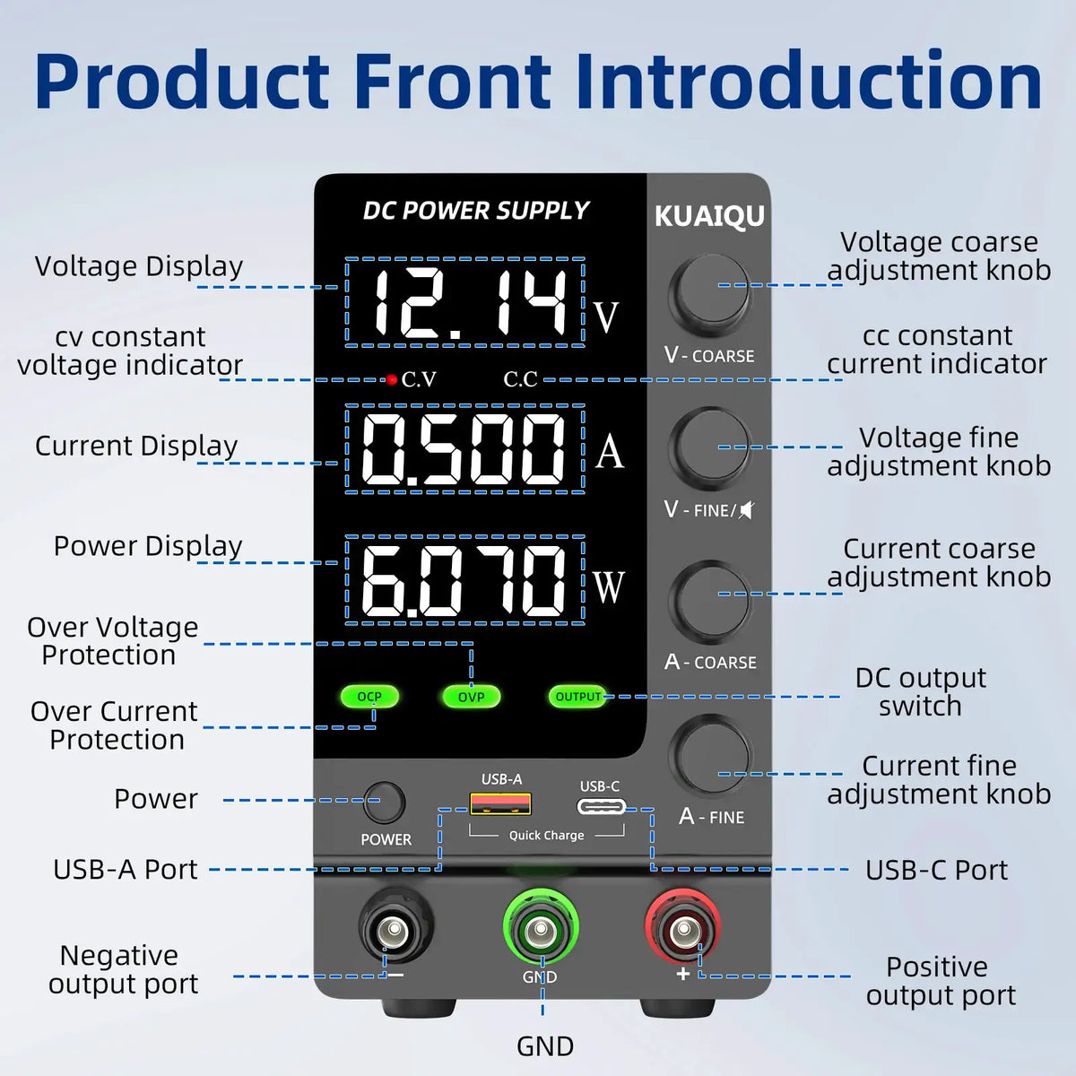 KUAIQU 2024 Newest OCP OVP DC Adjustable Laboratory Power Supply 30V 10A 5A Output Switch USB-A TYPE-C Port Fast Charging 120V
