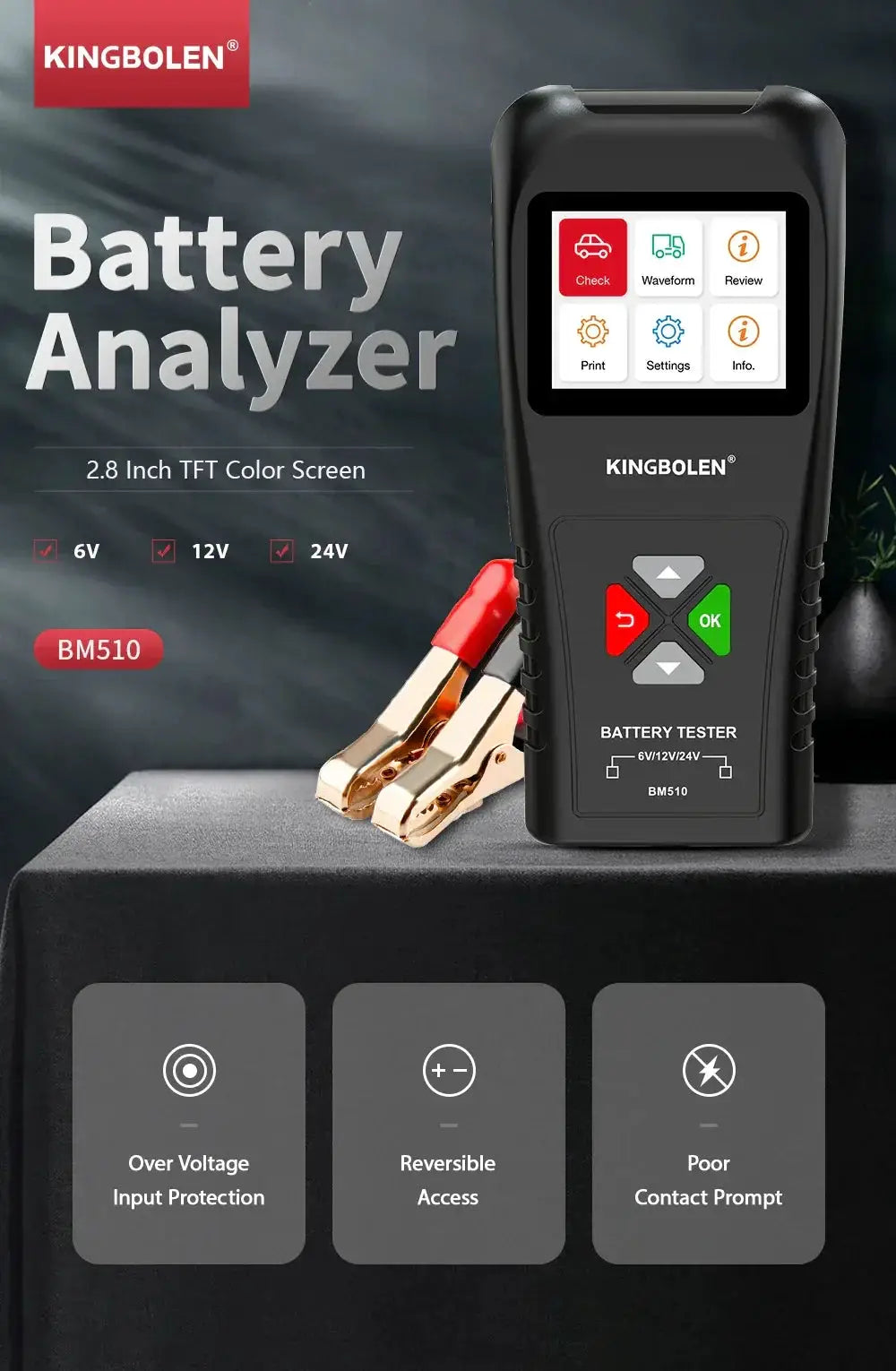 Kingbolen BM510 Car Battery Tester 6V 12V 24V Analyzer