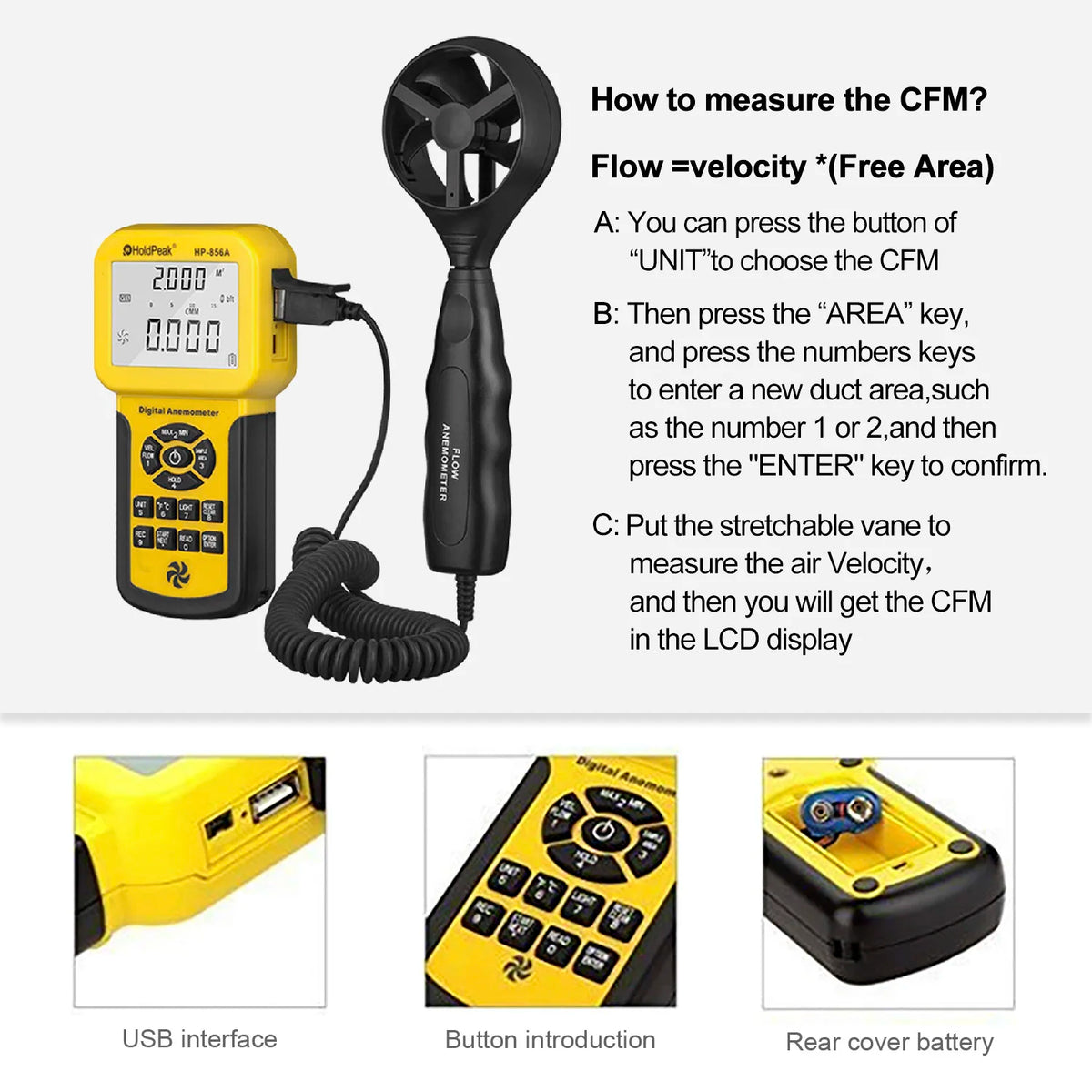 HoldPeak Digital Anemometer with PC Data Record /Handheld Wind — product view 3