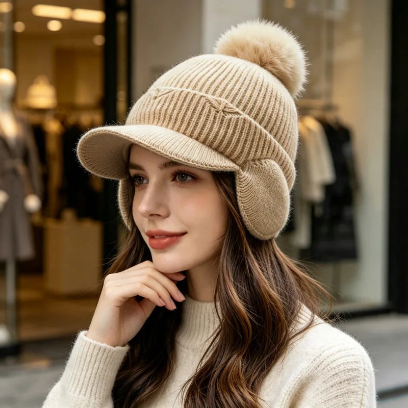 Pompom Earflap Knit Winter Hat