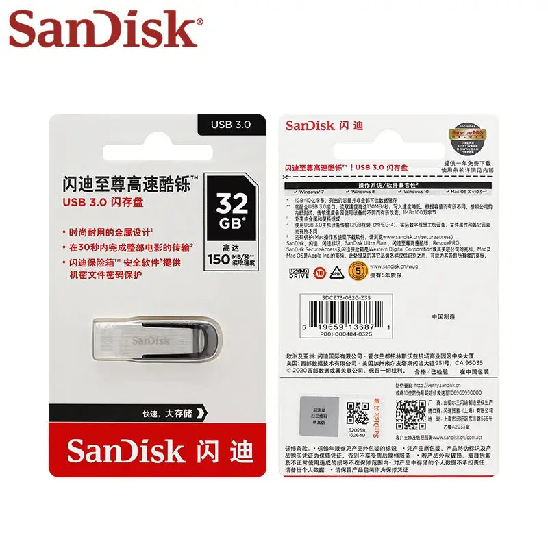 Original SanDisk Ultra Flair CZ73 Black USB Flash Drive 16GB 32GB USB Pendrive 64GB 128GB 256G USB 3.0 Memory Stick For Computer