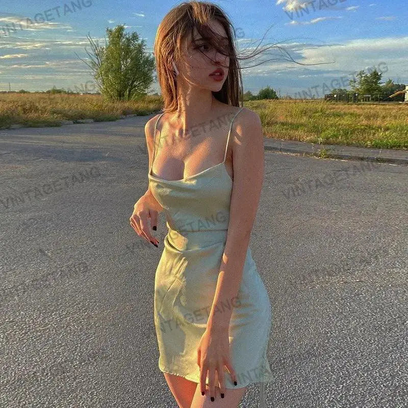 Green Satin Mini Dress Y2K Glam Night Out Attire Look