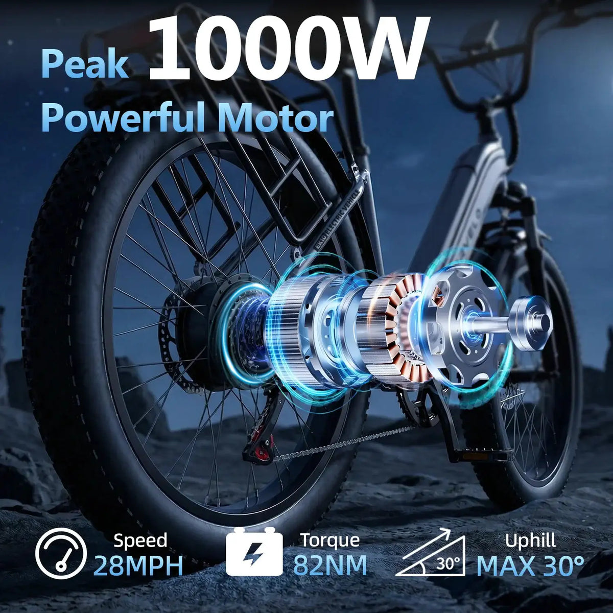 Cybervelo 26' Electric Bike Fat Tire 1000W Peak 48V 25Ah Long-lasting Removable Battery 7-Speed City Commute All-terrain E-Bike Adults EK10