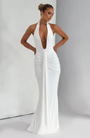 Mozision Deep V Neck Draped Maxi Dresses for Women Halter Backless Club Elegance