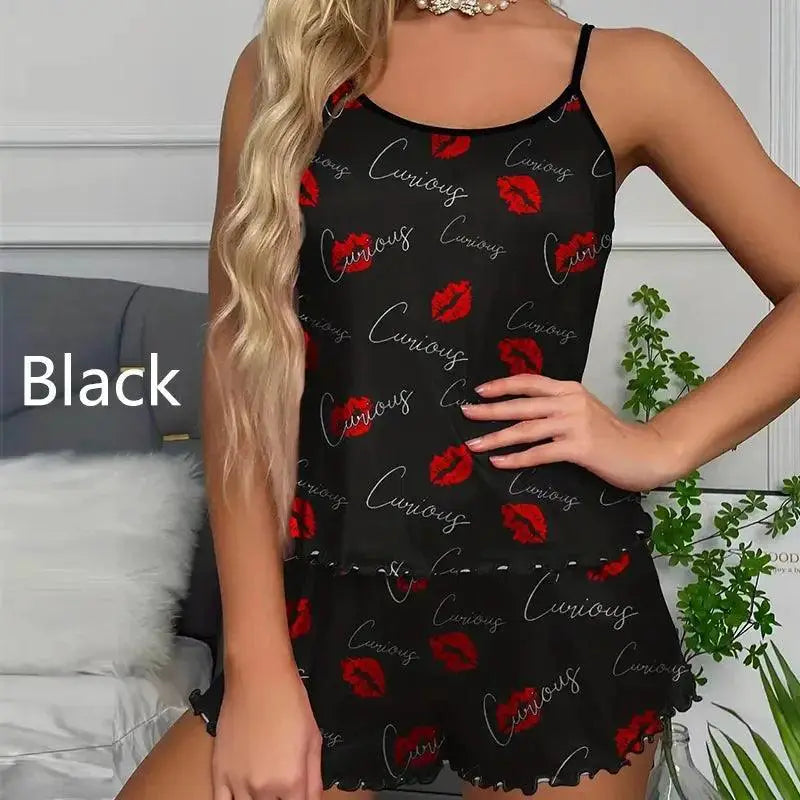 Lip Print Ice Silk Pajama Set Chic Camisole And Shorts