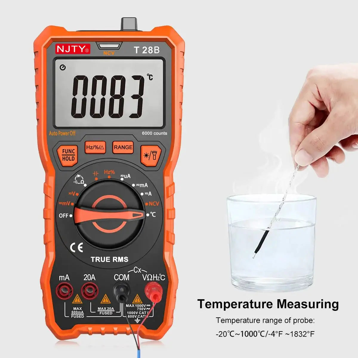 NJTY T28B Digital Multimeter 20A TRMS 6000 Counts Voltage Amp Resistance Diodes Continuity Duty-Cycle Capacitance Temperature