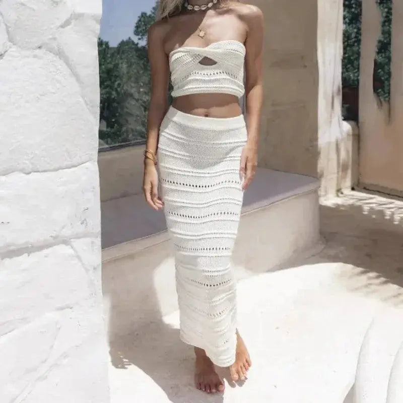 Summer Beach Chic Backless Two Piece Set Crop Top Skirt