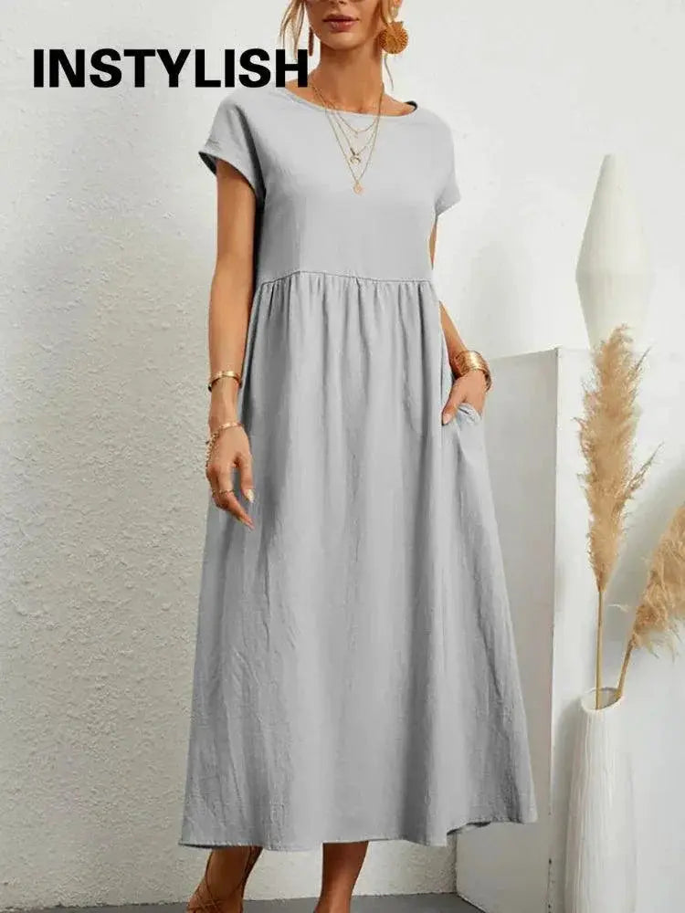Vintage Solid Midi Dress Retro Boho Chic Cotton Linen Summer