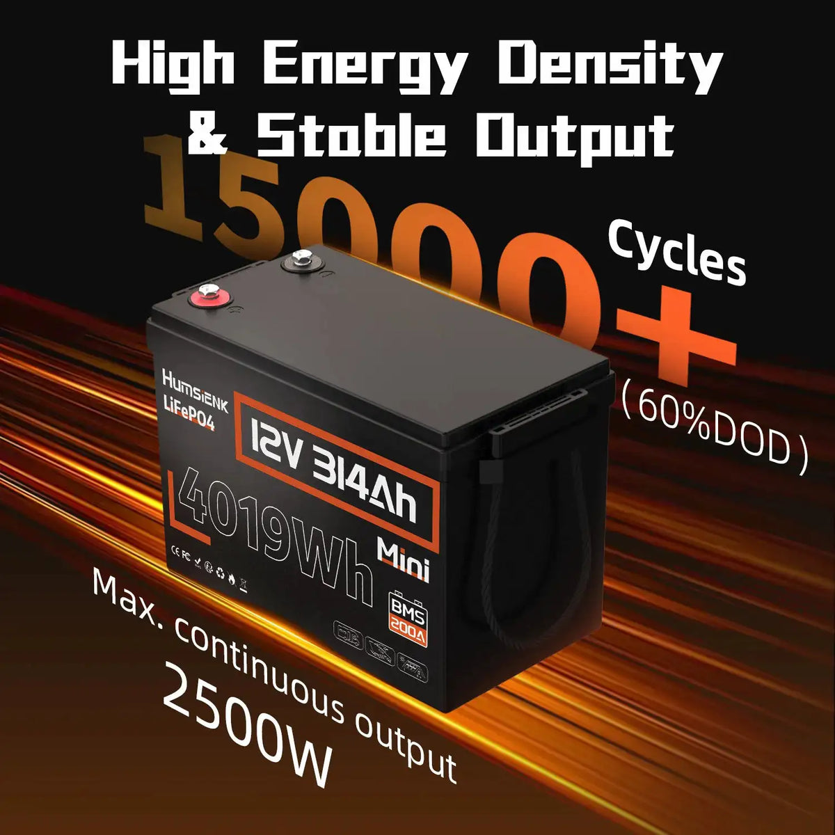 Humsienk 12V 314Ah LiFePO4 Battery, Built-in 200A BMS, 15000+ Deep Cycle, Size MINI, Low-Temp Protection for RV, Van, Golf Cart, Boat, Camper, Marine, Solar Energy Storage, 5-Year Warranty