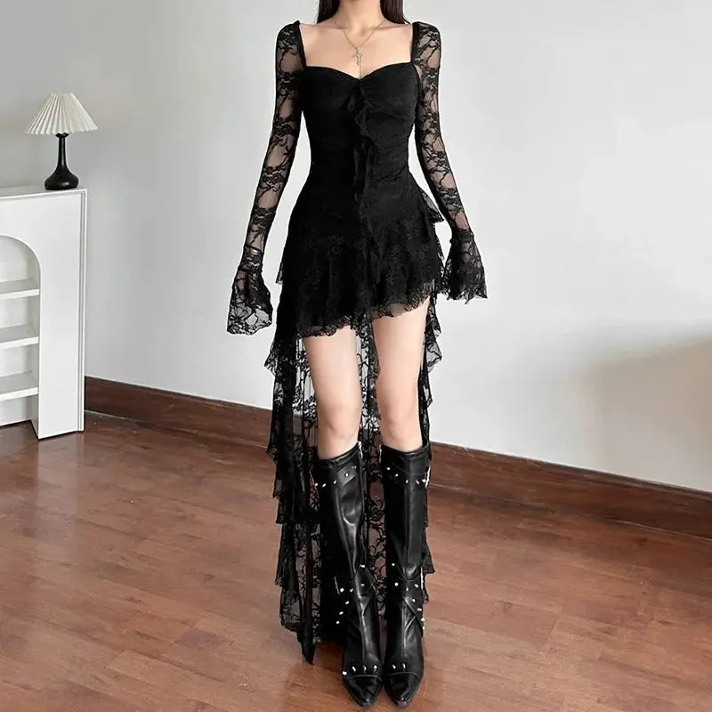 Fairycore Lace Flare Sleeve Square Neck A-line Dress Sweet E-girl Irregular Long Hem Dresses Cyber Y2K Party Vestido