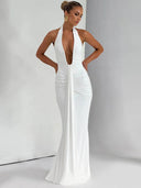 Mozision Deep V Neck Draped Maxi Dresses for Women Halter Backless Club Elegance