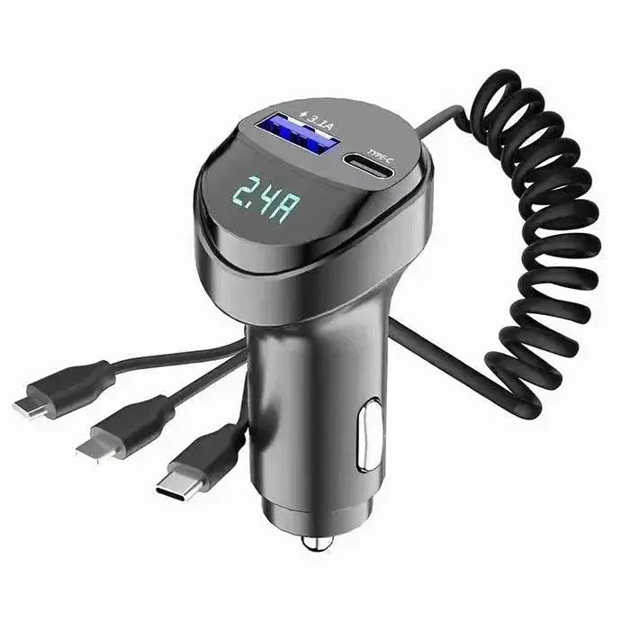 Car Charger Dual Ports Voltage Display Retractable USB Cable
